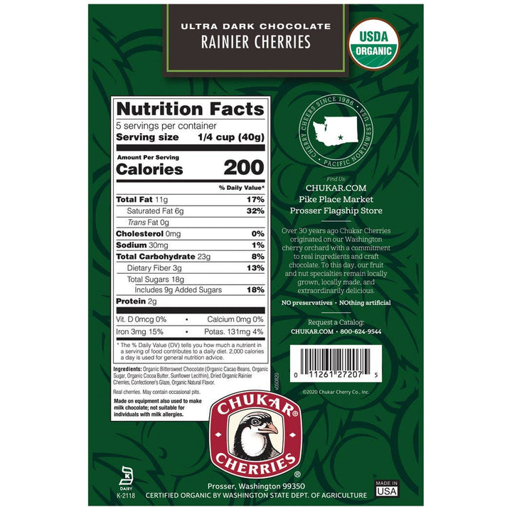 Chukar Cherries- Organic Chocolate Rainiers  Ultra Dark Chocolate 6.75 oz