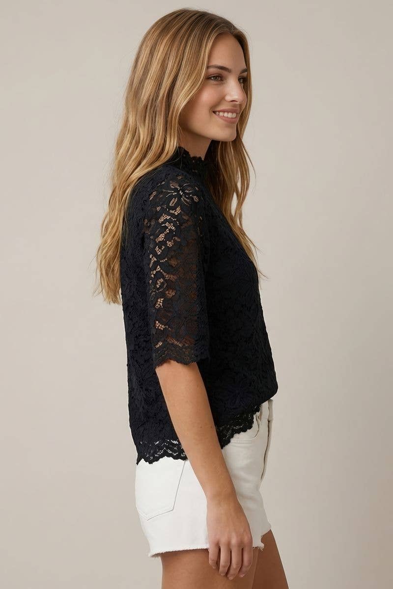 Pearl Lace Mock Neck Top- Choose from Ecru or Black
