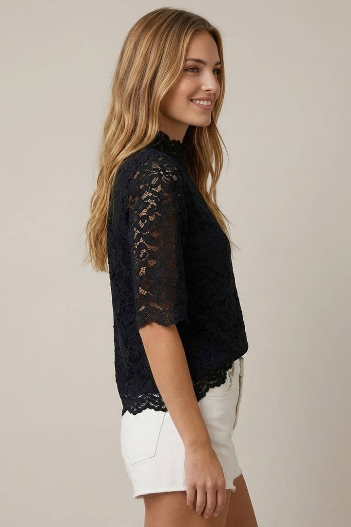 Pearl Lace Mock Neck Top- Choose from Ecru or Black