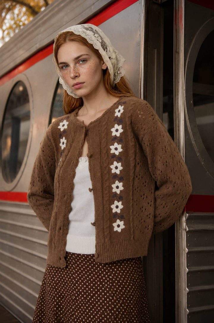 KELLY FLORAL EMBROIDERY CROCHET KNIT DETAIL CARDIGAN