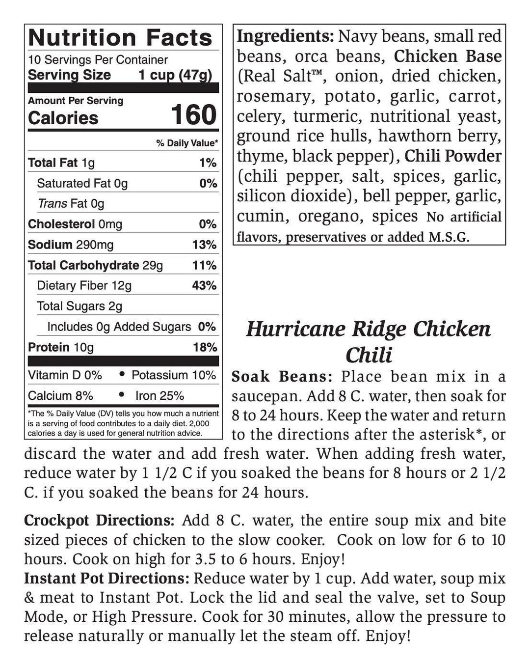 Small Hurricane Ridge Chicken Chili Soup Mix