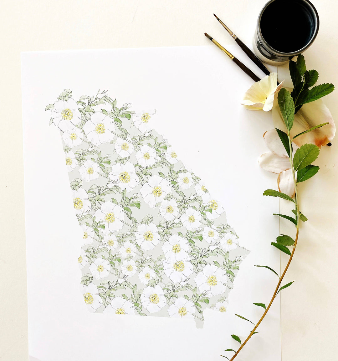 Georgia State Flower Map - ART PRINT  : Watercolor / 8" x 10"