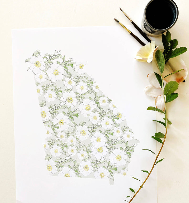 Georgia State Flower Map - ART PRINT  : Watercolor / 8" x 10"
