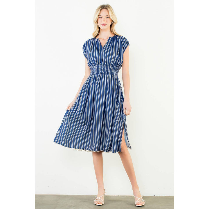 Lillian- Striped Smocked Waist Short Sleeve Dress - Pine & Moss