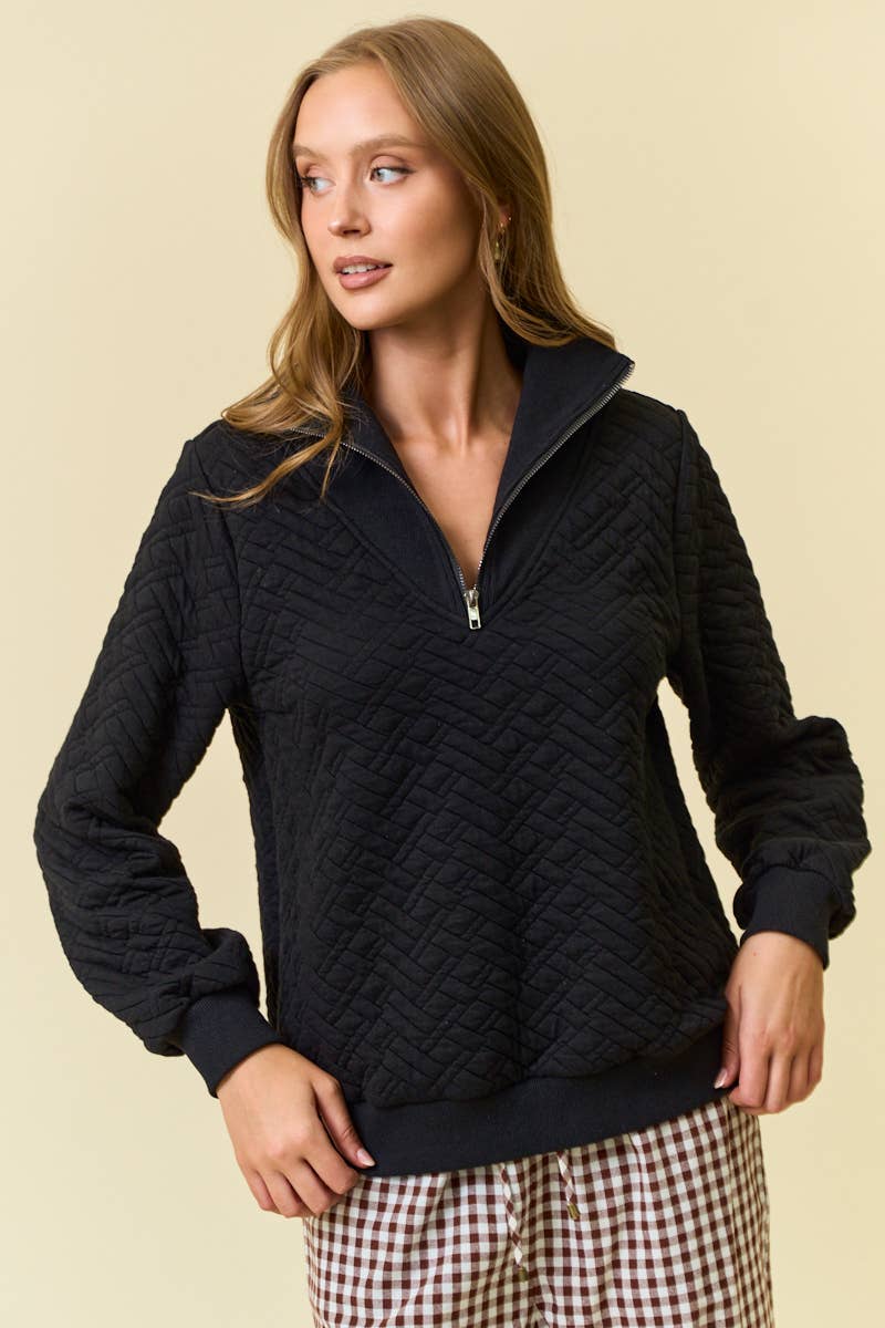 Bailey Quilted Half Zip Top- Black
