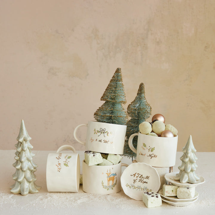14 oz. Christmas Stoneware Mug with Gold Electroplating, 4 Styles - Pine &amp; Moss
