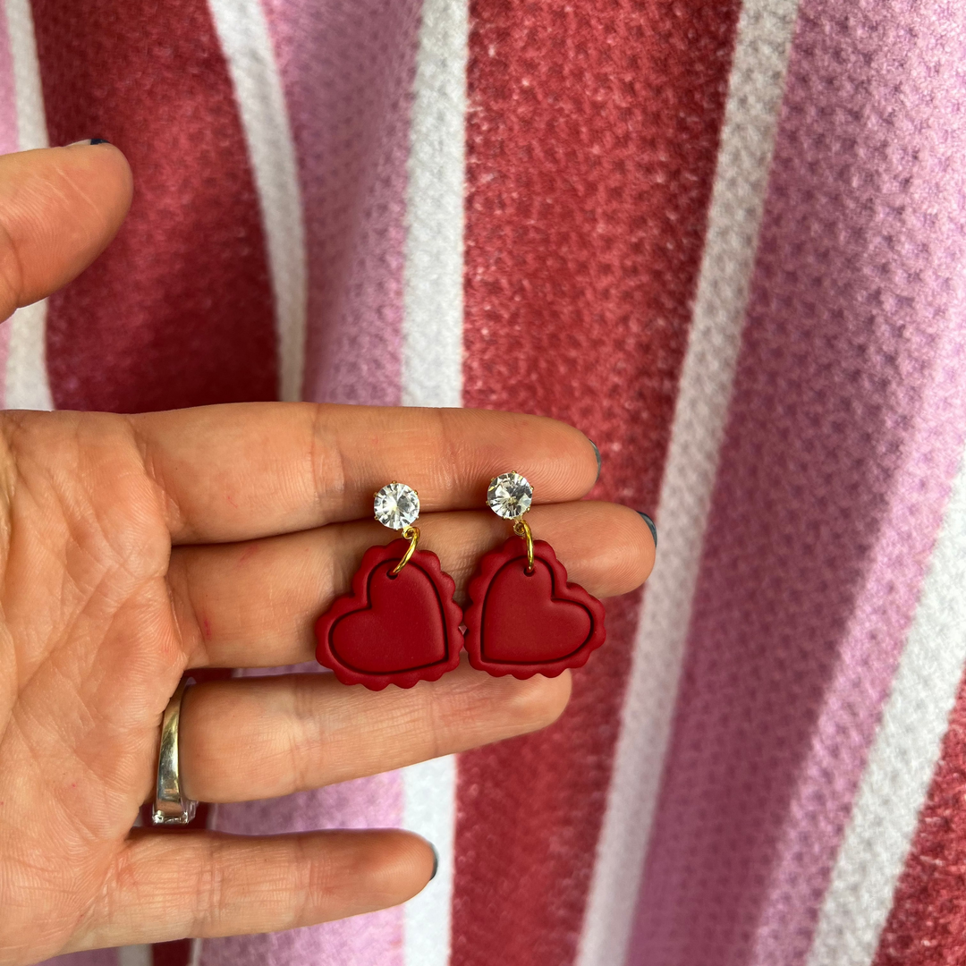 Brae's Clay Co. Red Heart Rhinestone Dangle Earrings - Pine & Moss