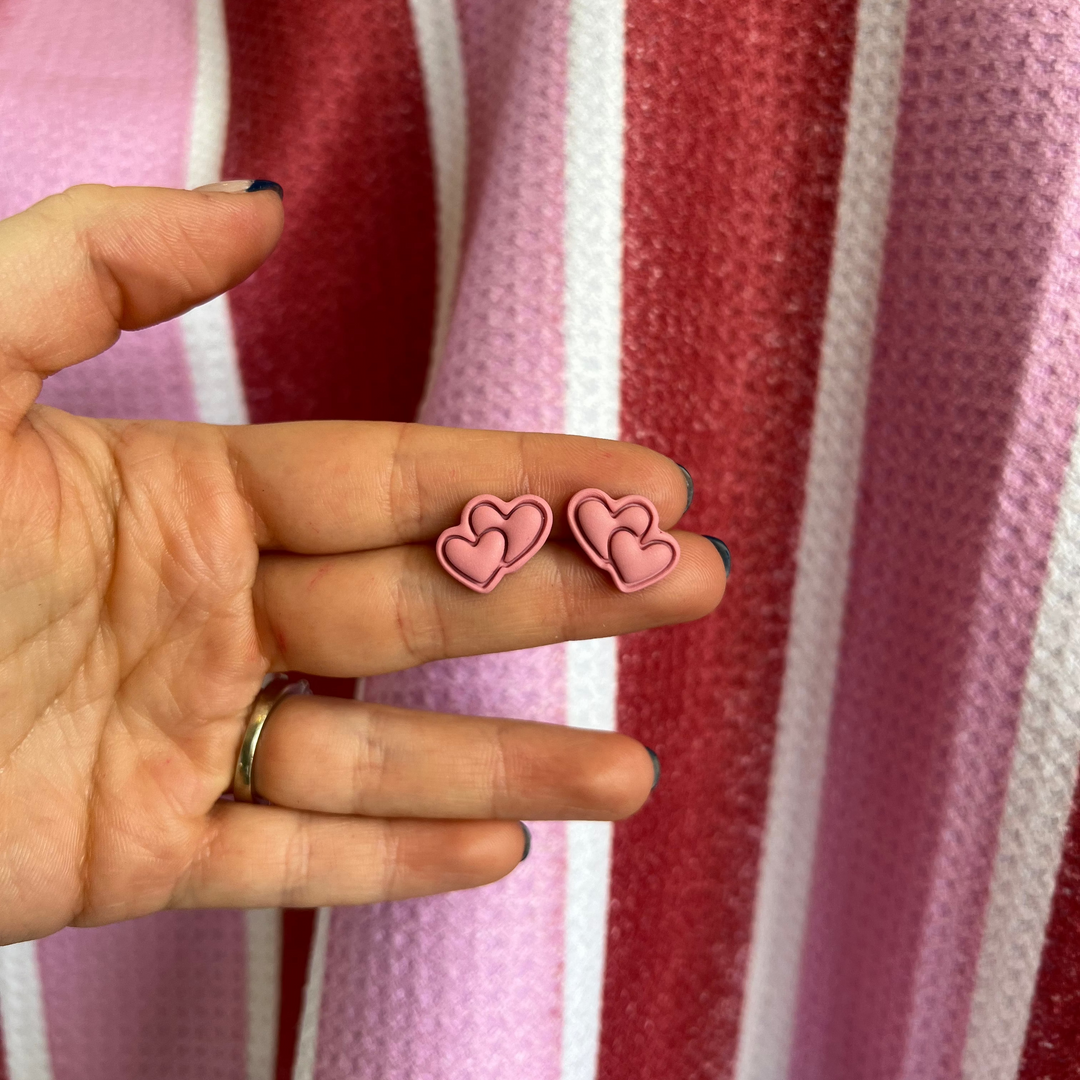 Brae's Clay Co. Pink Double Heart Stud Earrings - Pine & Moss