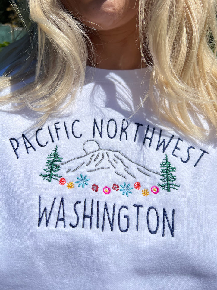 Embroidered PNW Mountain Crewneck Sweatshirt-White