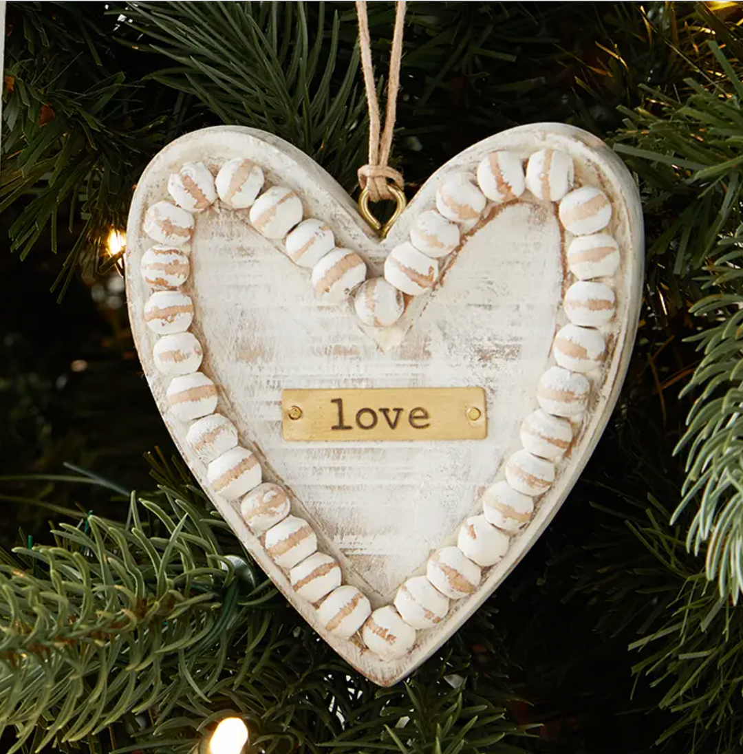 Heart Beaded Plaque Ornament - Pine & Moss