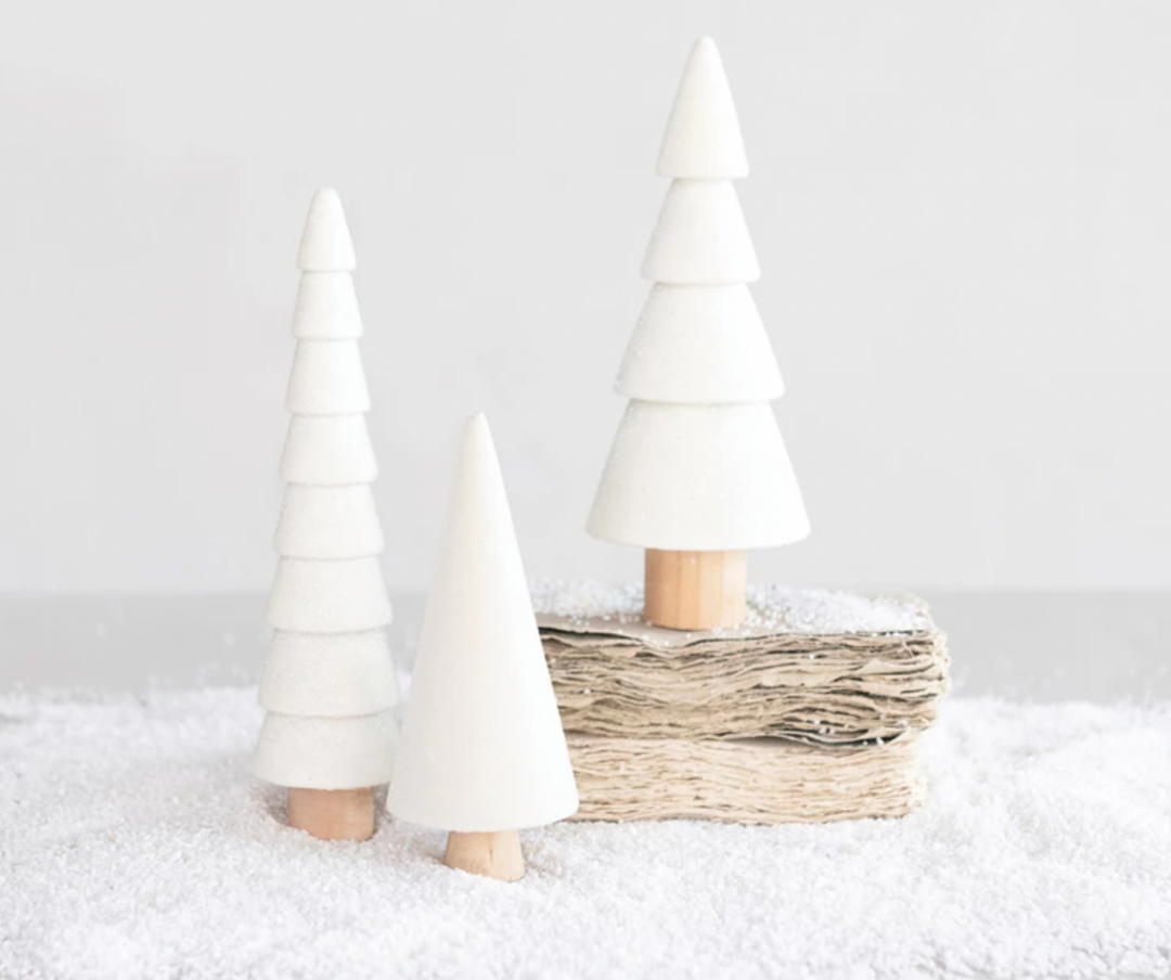 Flocked Wood Trees- 3 Styles - Pine & Moss