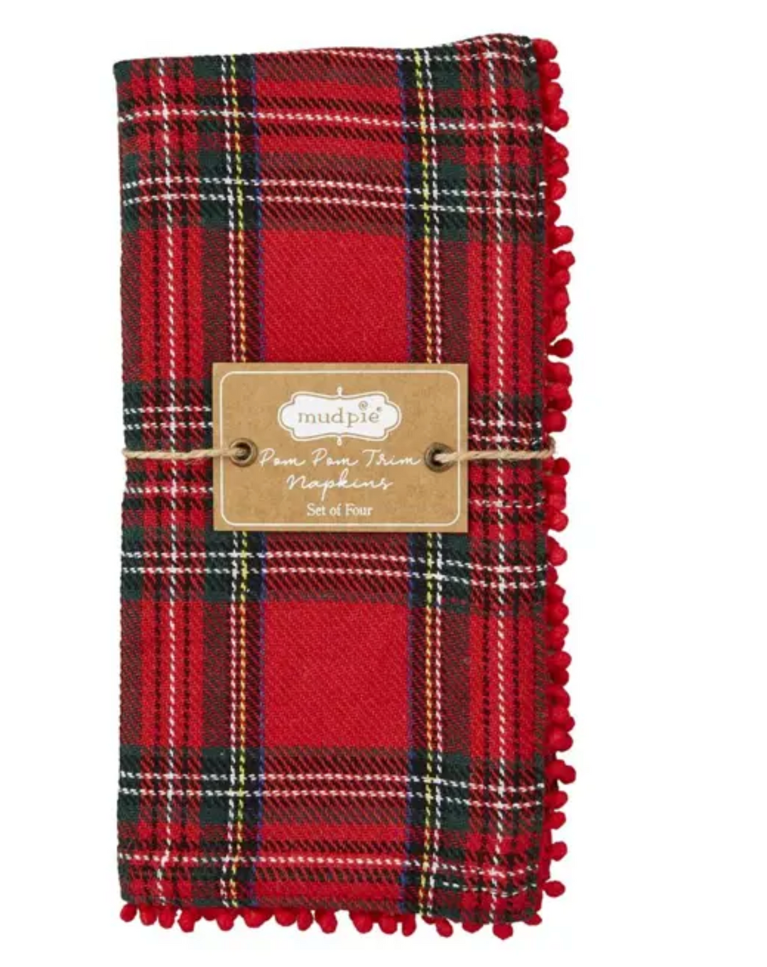 Red Tartan Pom Napkins- s/4 - Pine &amp; Moss