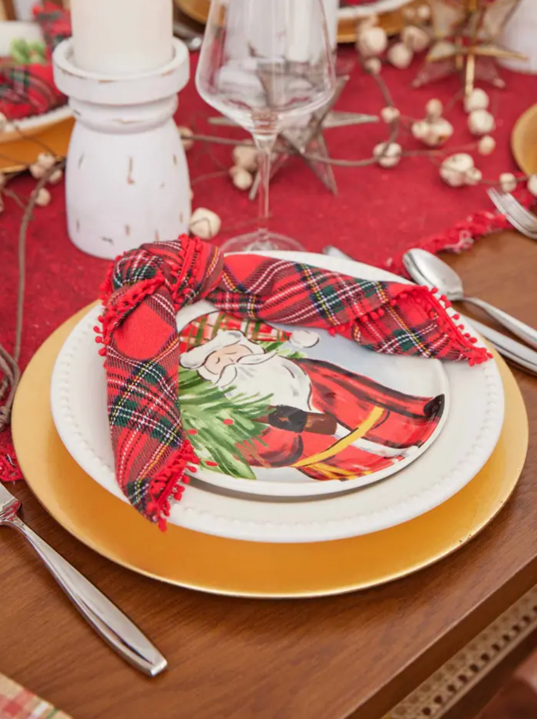 Red Tartan Pom Napkins- s/4 - Pine &amp; Moss