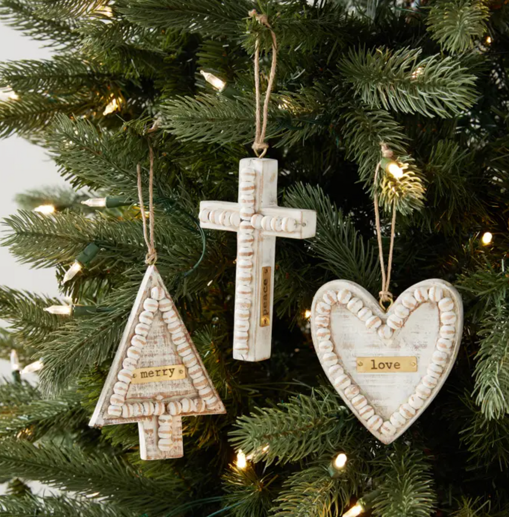Cross Beaded Plaque Ornament - Pine & Moss