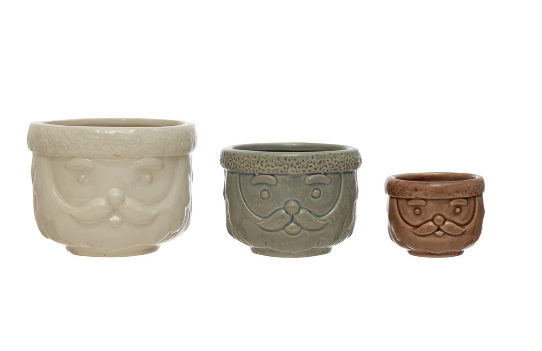 Decorative Stoneware Santa Containers- Set of 3 - Pine & Moss