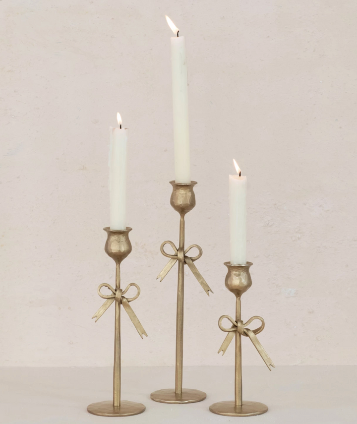 Hand-Forged Iron Taper Holders w/ Bow, Antique Gold Finish