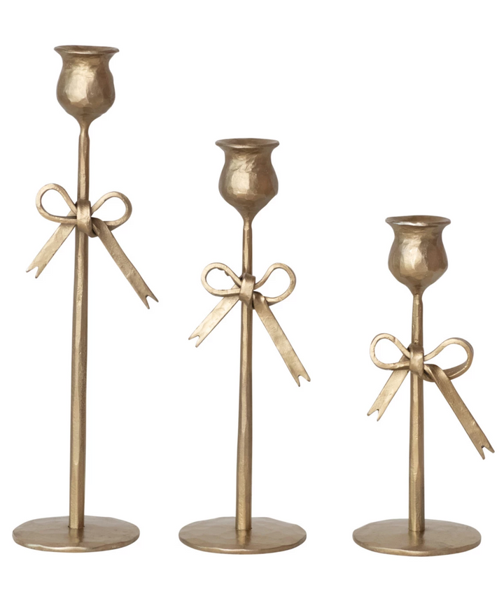 Hand-Forged Iron Taper Holders w/ Bow, Antique Gold Finish