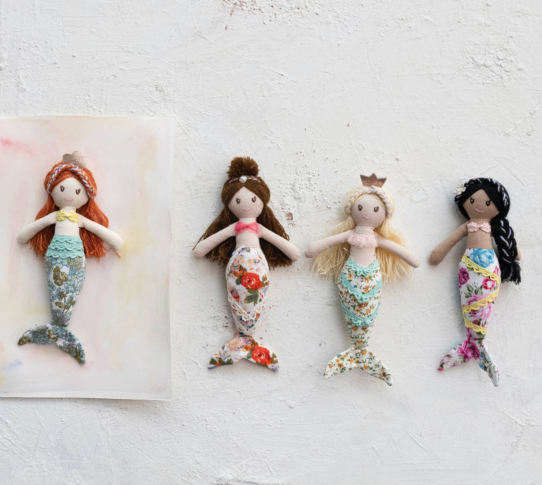 Fabric Mermaid Doll w/ Floral Pattern Tail- 4 Styles to Choose From - Pine & Moss