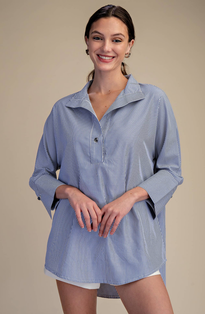 Clara Stand Neck Dolman Sleeves Shirt- Navy