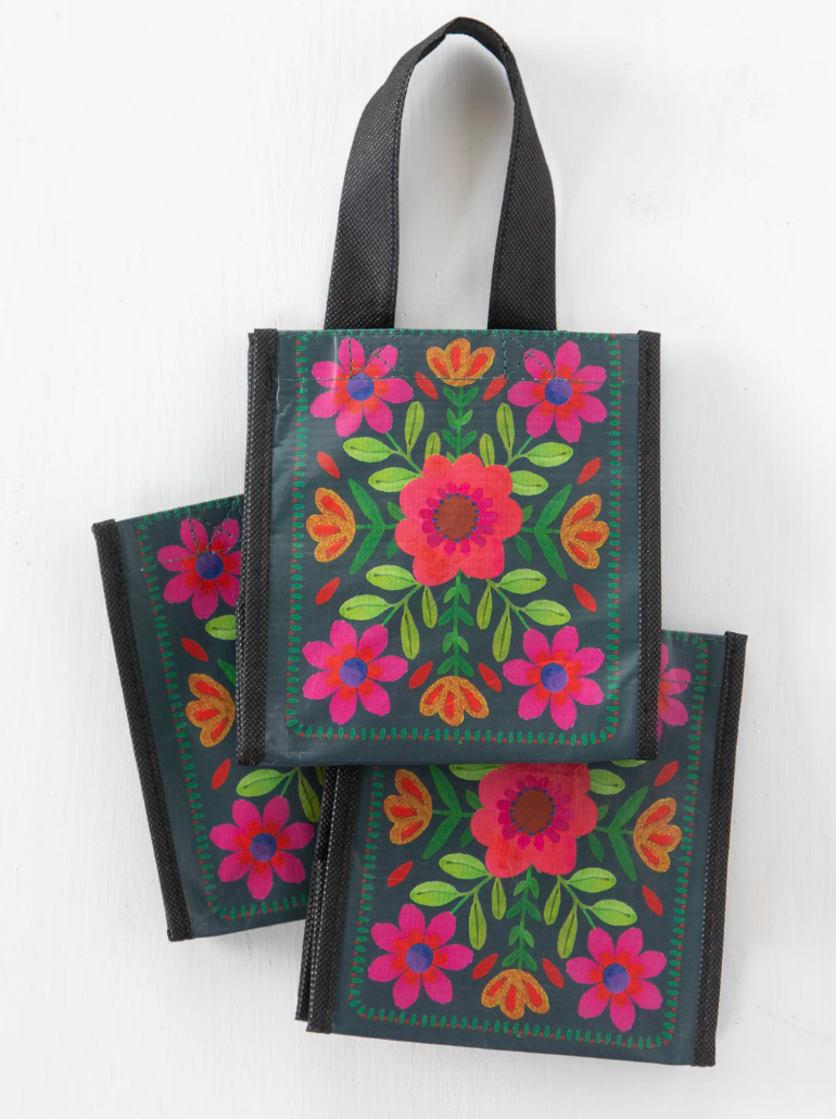 Small Happy Bag- Teal Folk Flower - Pine &amp; Moss