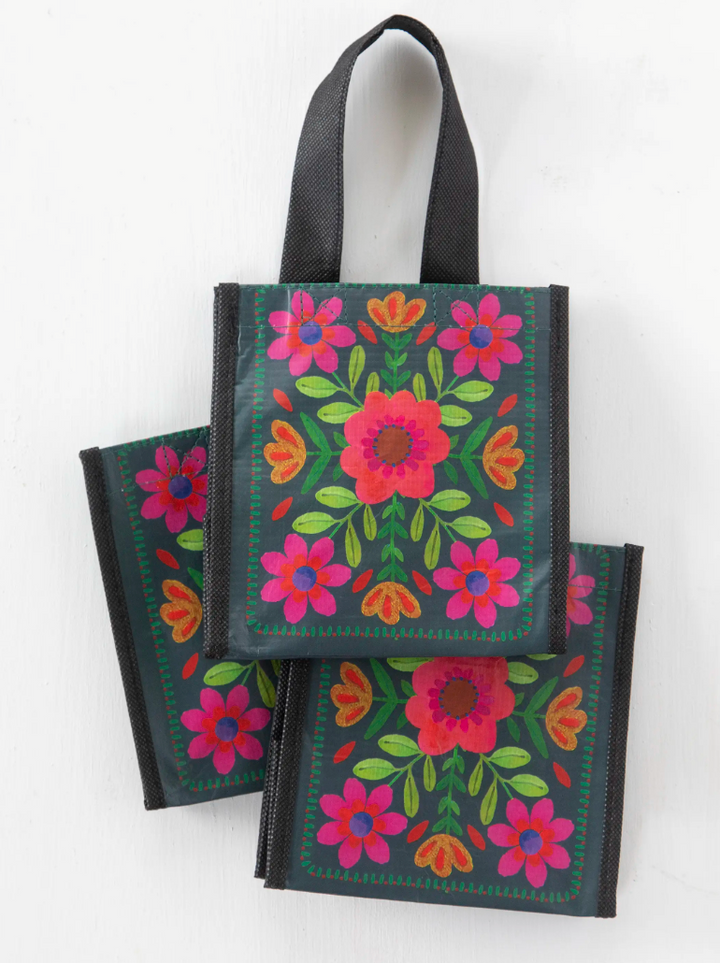 Small Happy Bag- Teal Folk Flower - Pine &amp; Moss