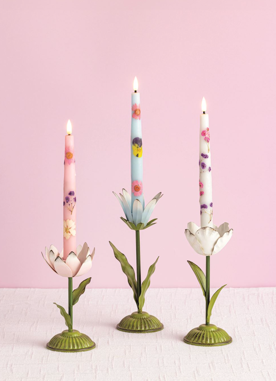 Flower Flameless Taper Candles- Four Colors To Choose - Pine & Moss
