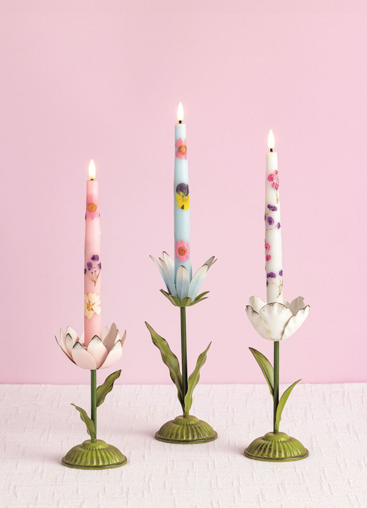 Flower Flameless Taper Candles- Four Colors To Choose - Pine &amp; Moss