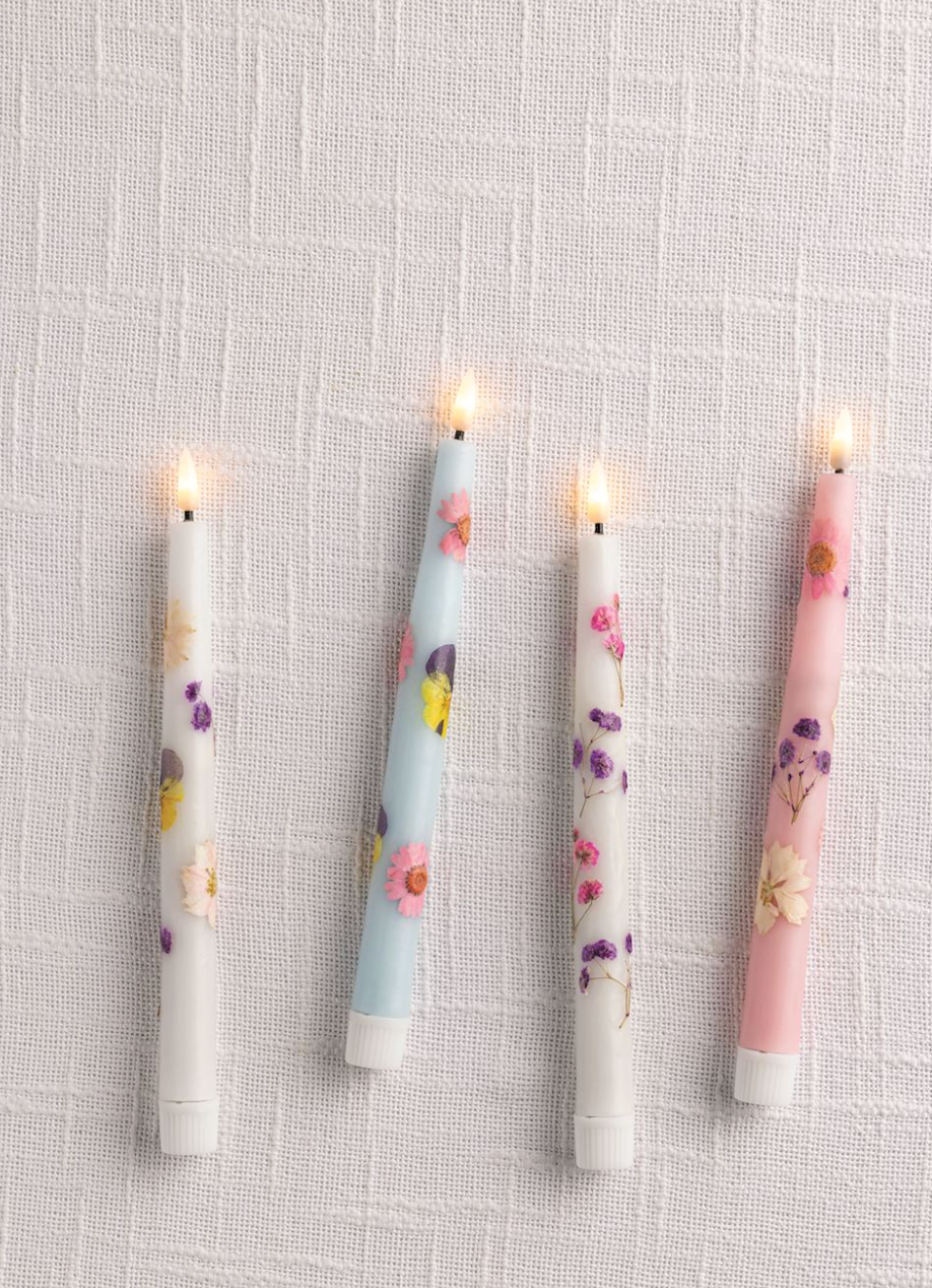 Flower Flameless Taper Candles- Four Colors To Choose - Pine &amp; Moss