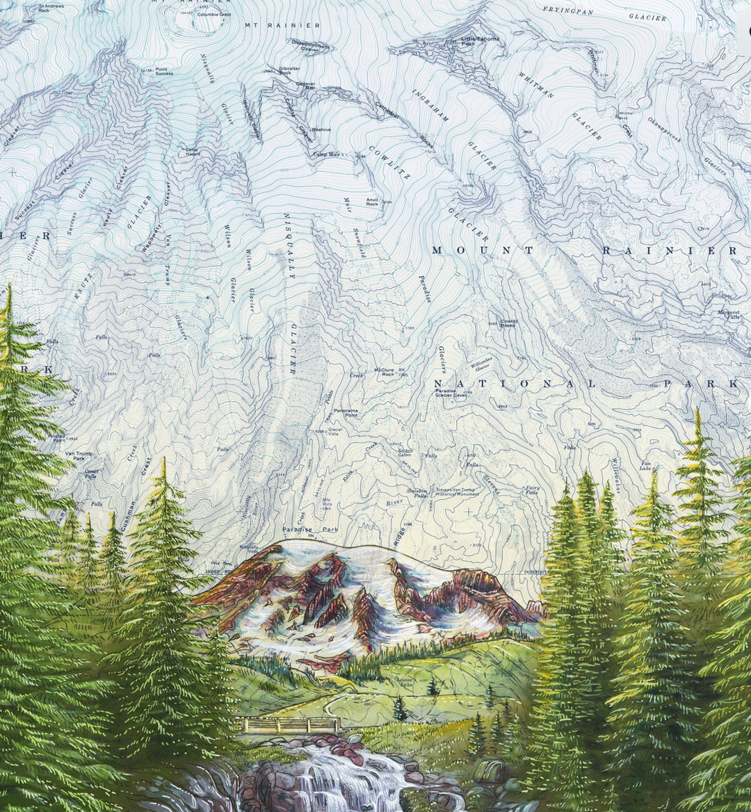 Mount Rainier Myrtle Falls Print- Small - Pine & Moss