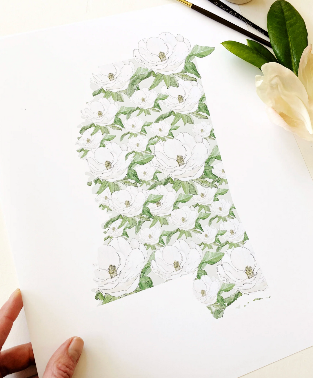 Mississippi State Flower Map - ART PRINT : Watercolor / 8" x 10"