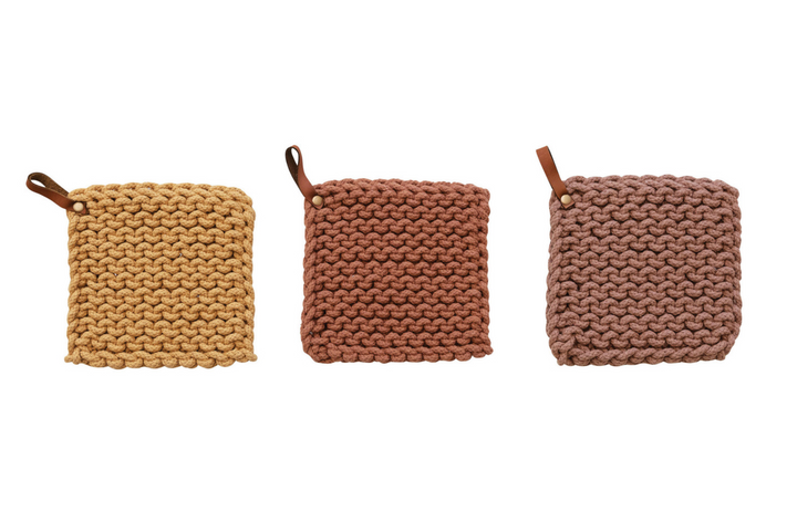 Cotton Crocheted Pot Holders with Leather Loop-Three Colors