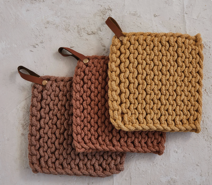Cotton Crocheted Pot Holders with Leather Loop-Three Colors