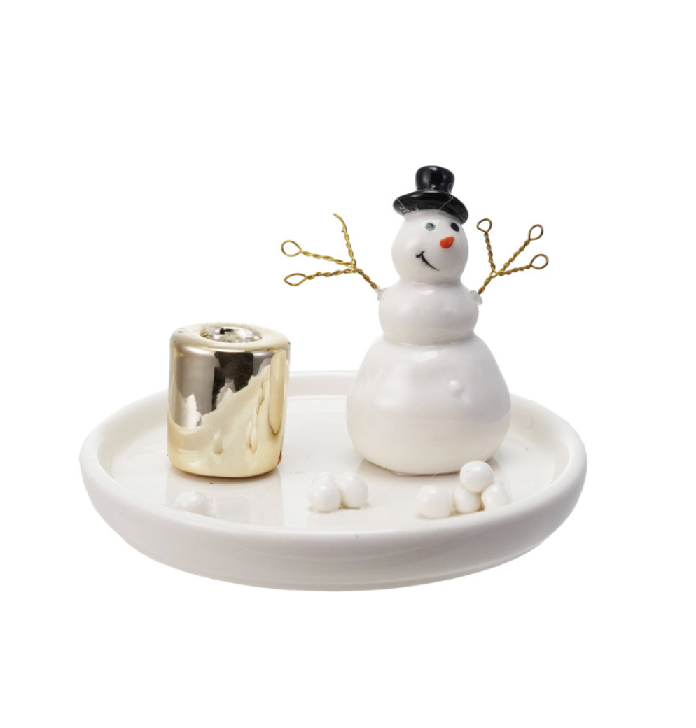 Snowman Stoneware and Wire Taper Holder