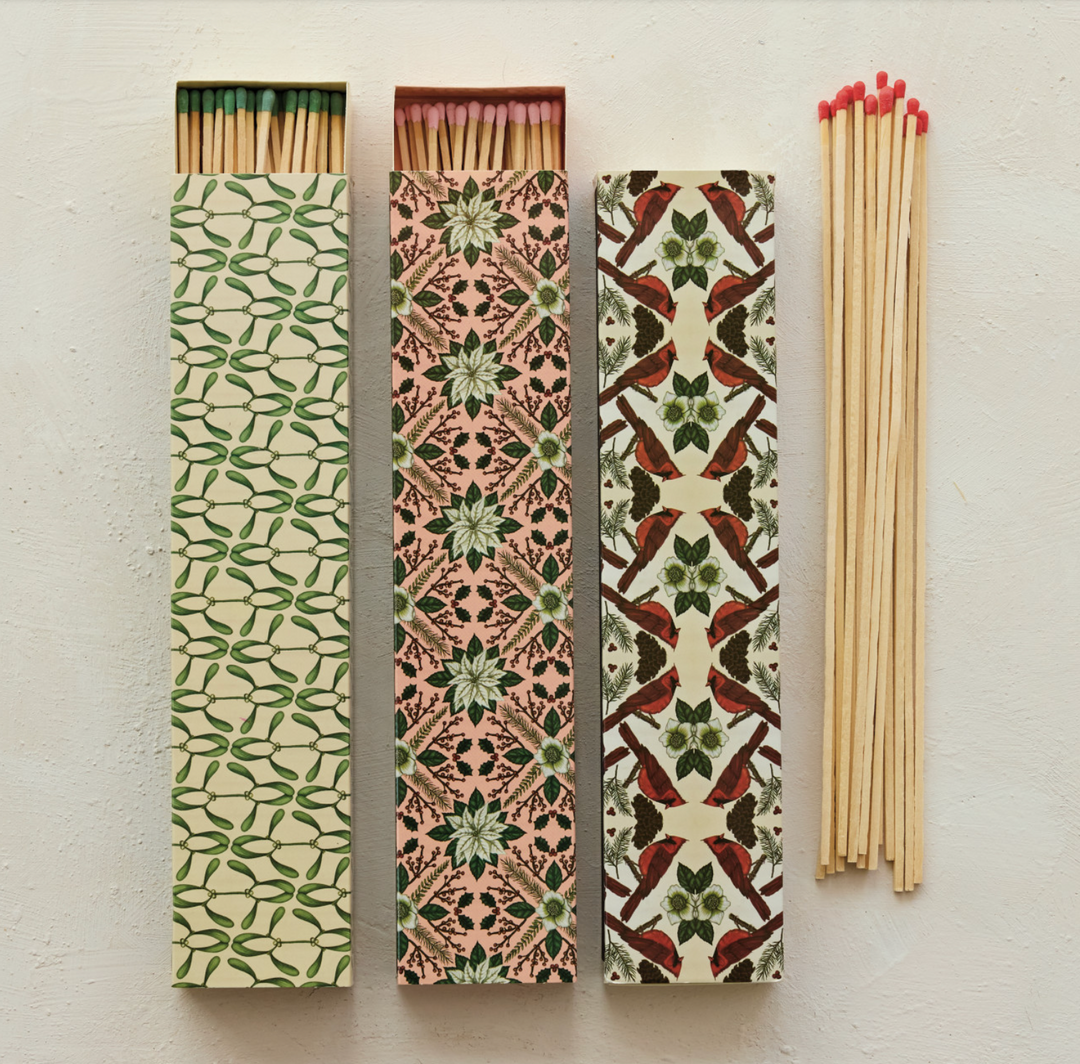 Safety Fireplace Matches in Matchbox with Seasonal Botanical Pattern, 3 Styles
