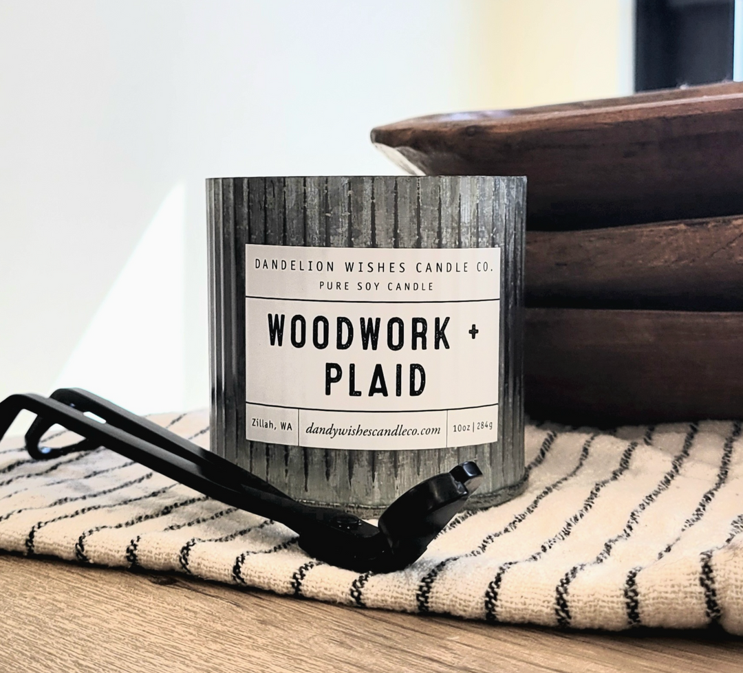Rustic Galvanized Tin Candle- Woodwork + Plaid