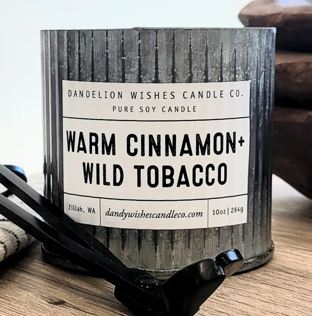 Rustic Galvanized Tin Candle- Warm Cinnamon + Wild Tobacco
