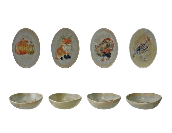 Hand-Painted Stoneware Dish with Animal/Pumpkins, 4 Styles