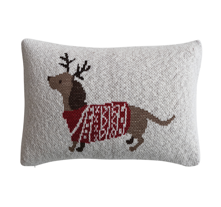 Knit Pillow with Daschund in Antlers &amp; Sweater