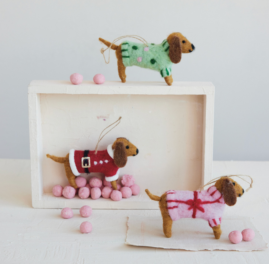 Wool Felt Dachshund in Sweater Ornament, 3 Styles
