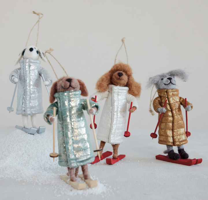 Wool Felt Dog with Skis &amp; Coat, 4 Styles