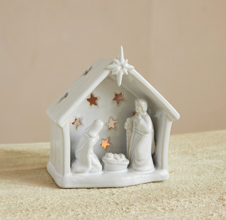 Stoneware Holy Family Tealight Holder with Star Cut-Outs