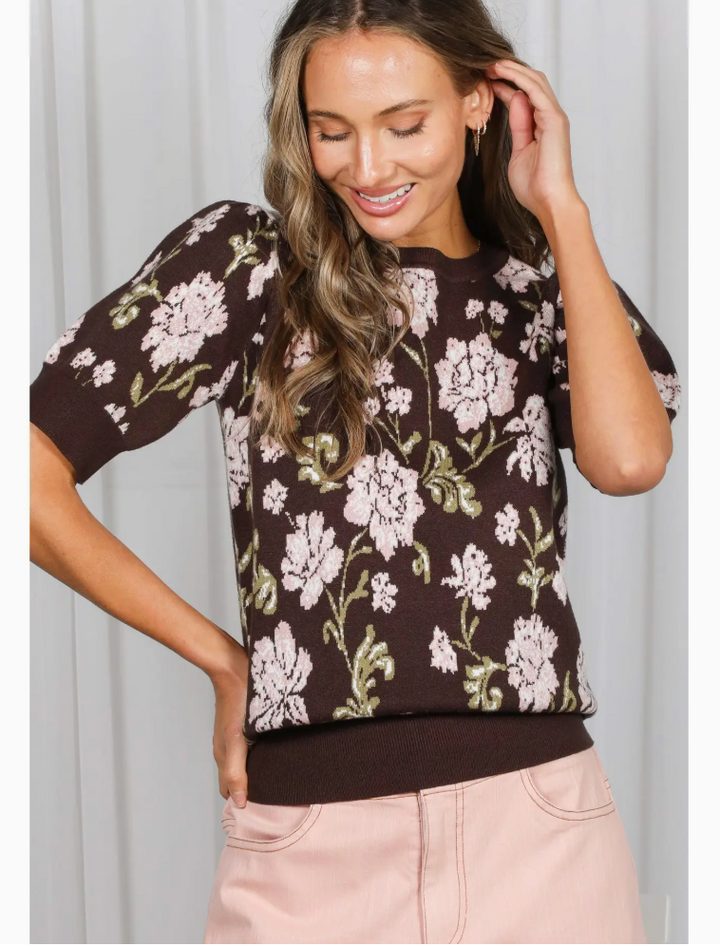 Jinny Floral Jacquard Crew Neck Cozy Soft Knitted Sweater