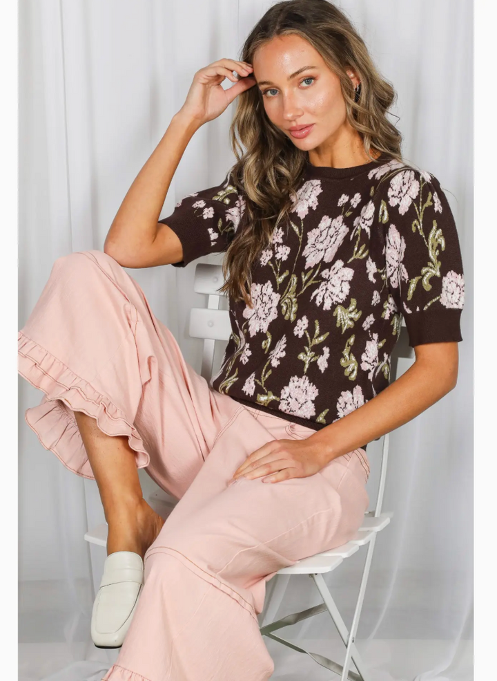 Jinny Floral Jacquard Crew Neck Cozy Soft Knitted Sweater