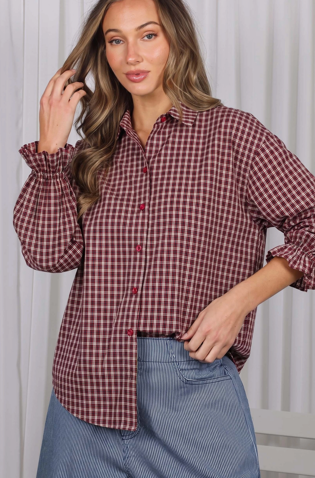 Ellen Ruffled Cuffs Accent Plaid Shirt
