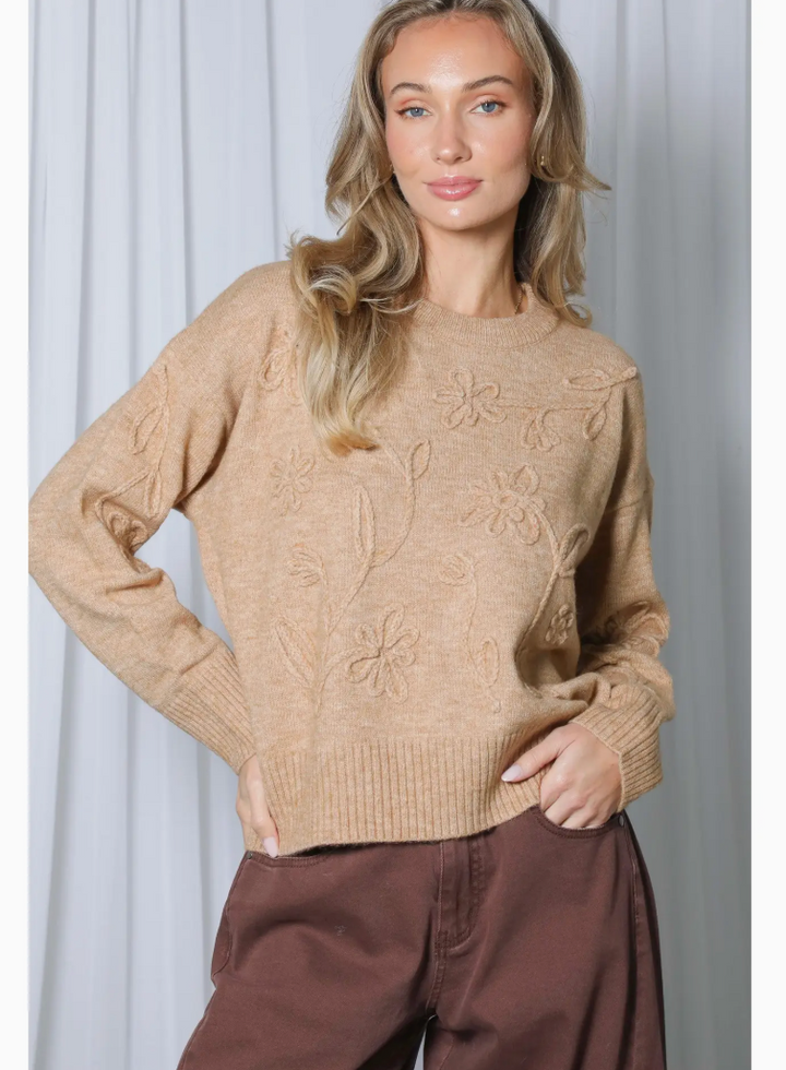 Claire Floral Handmade Embroidered Knit Pullover Sweater- Camel