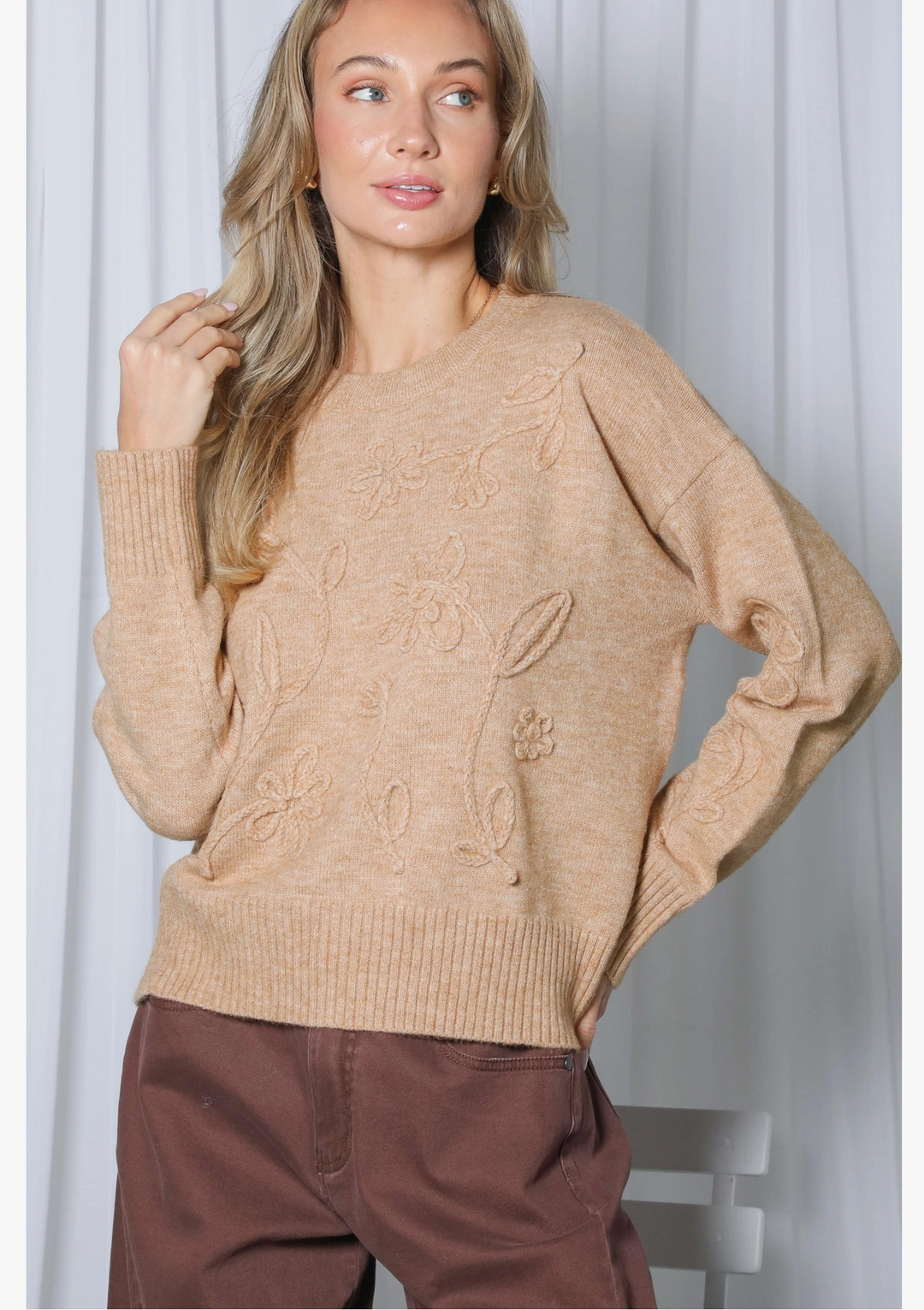 Claire Floral Handmade Embroidered Knit Pullover Sweater- Camel