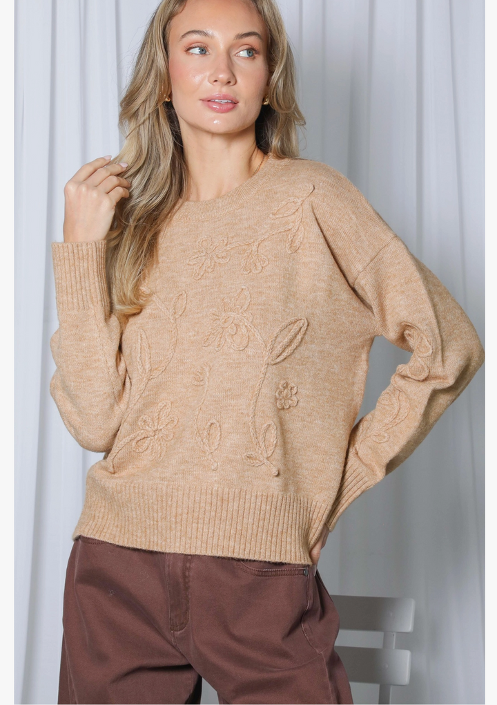 Claire Floral Handmade Embroidered Knit Pullover Sweater- Camel