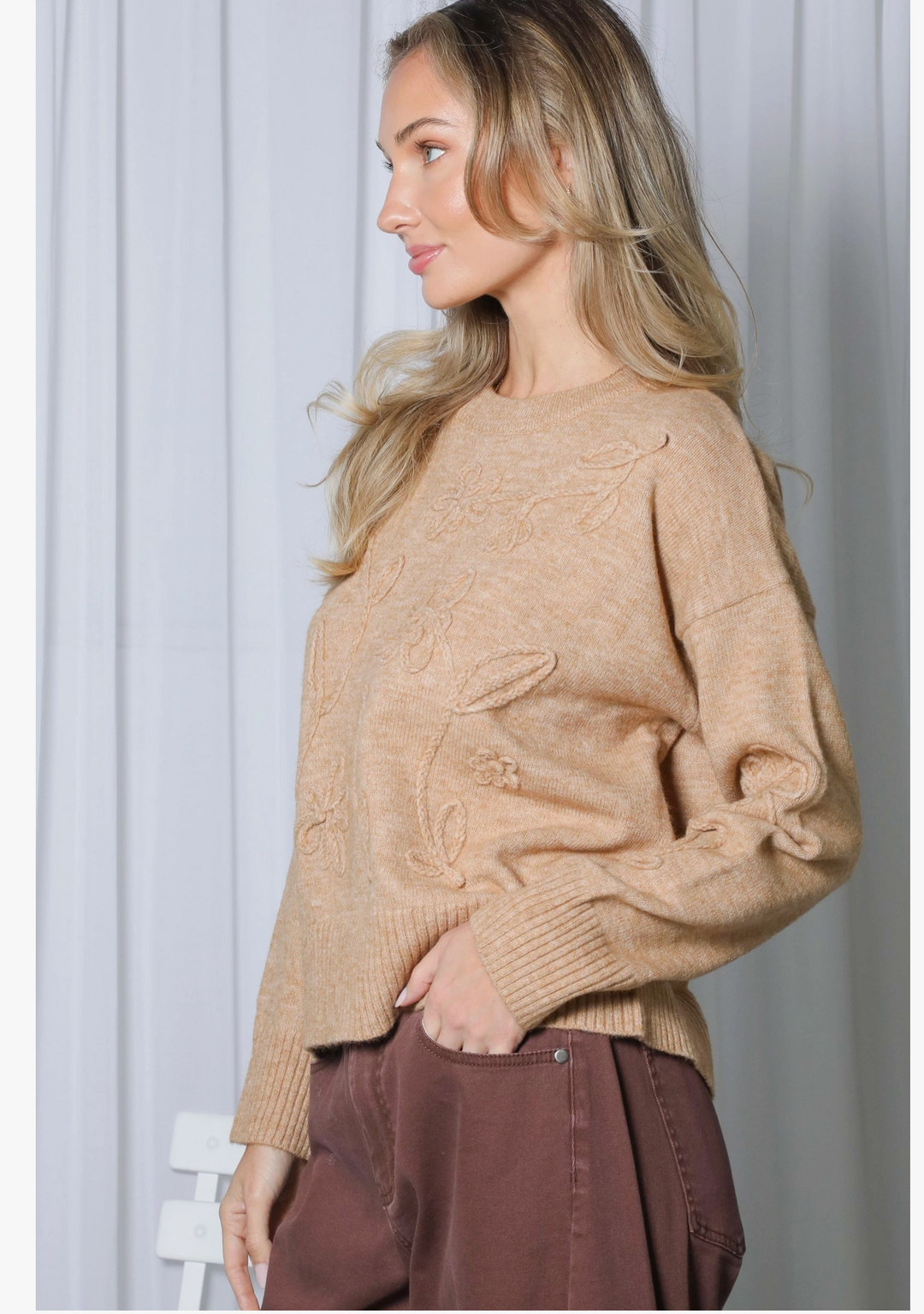 Claire Floral Handmade Embroidered Knit Pullover Sweater- Camel
