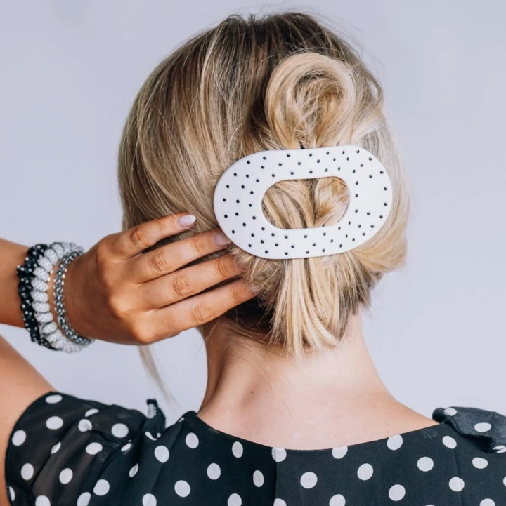 Flat Round | White Polka Dot Party | Large Hair Clip