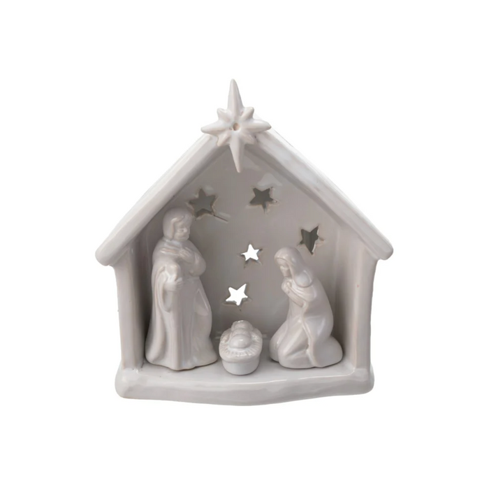 Stoneware Holy Family Tealight Holder with Star Cut-Outs